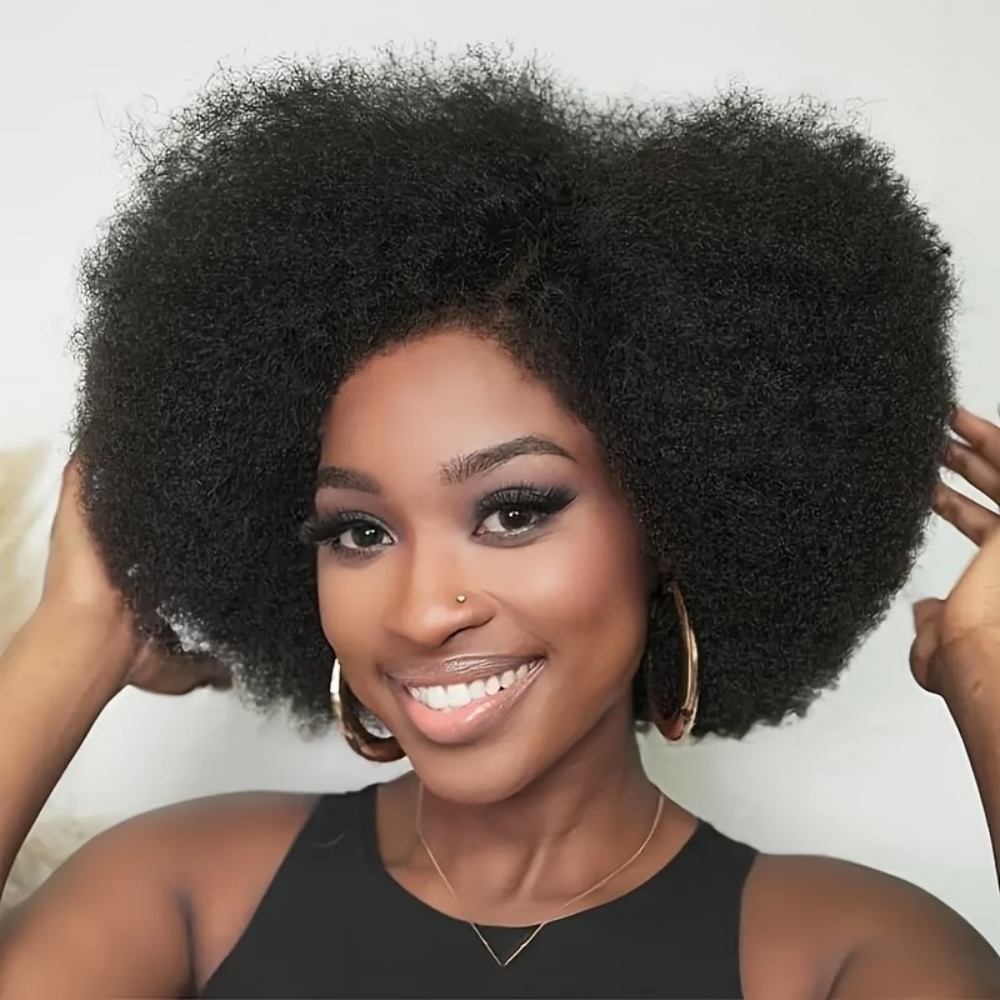 Human Hair Wigs - Perruque Courte Afro Bouclée Kinky 13x4