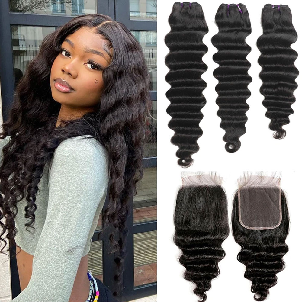 Deep Wave 3 Bundles With Closure - Extensions de cheveux humains ondulés profonds