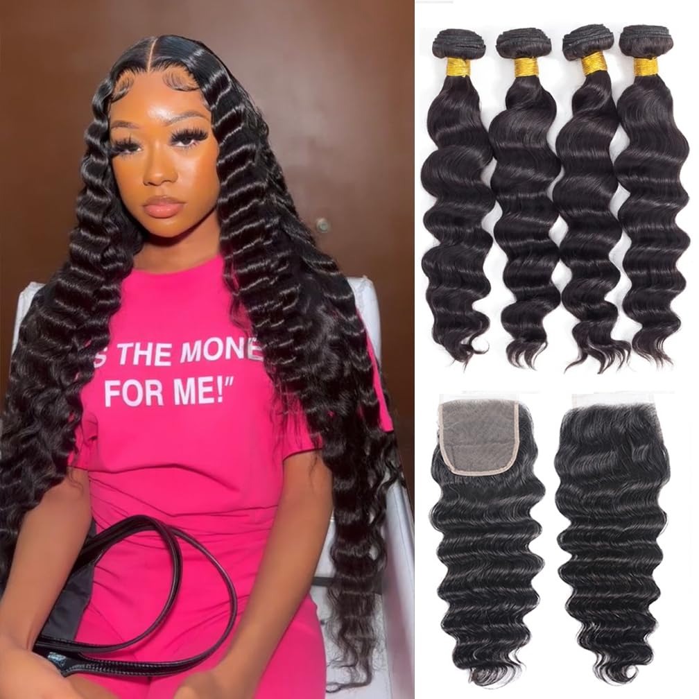 Deep Wave 3 Bundles With Closure - Extensions de cheveux humains brésiliens 12A,