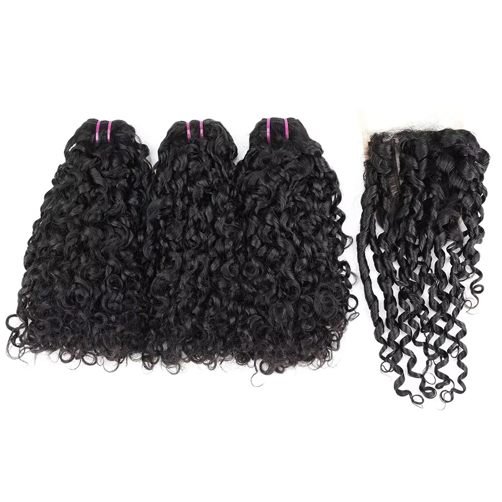 Deep Wave 3 Bundles With Closure - Pixie Curl cheveux paquets avec fermeture