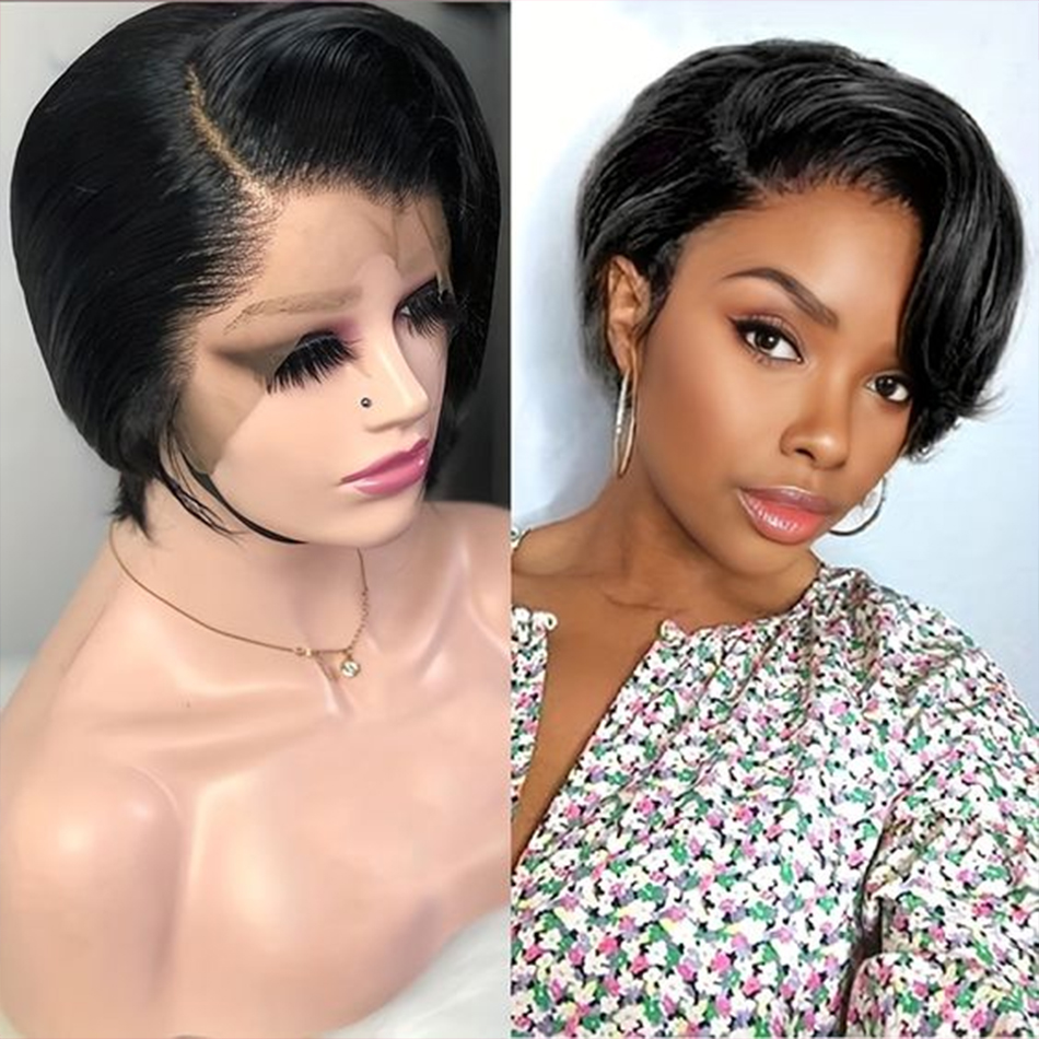 Short Pixie Cut Wig Human Hair Cheap - Perruque Bob Lace Front Brésilienne Naturelle,