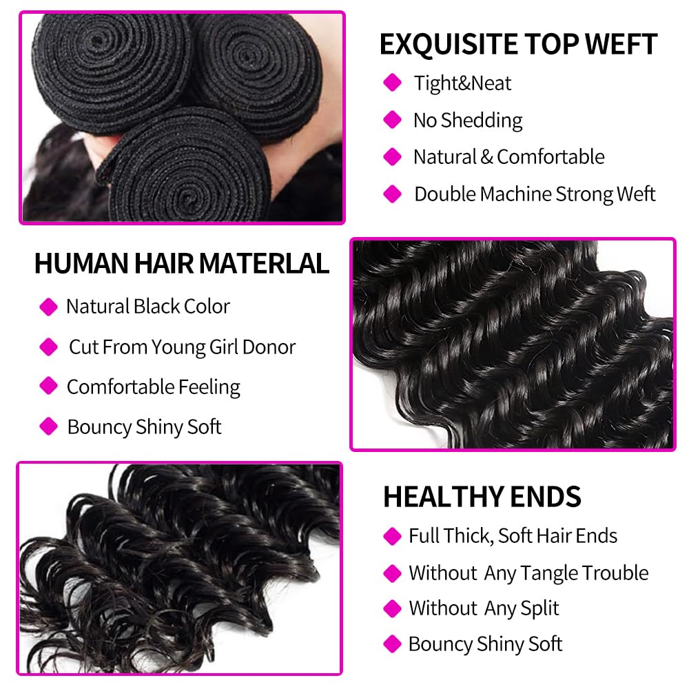 Lots de Cheveux Humains Ondulé - Deep Wave 3 Bundles With Closure avis et prix